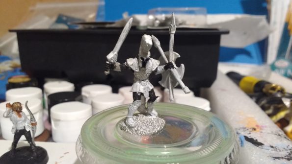 Urian Spartan Warrior miniature primed in black and white gesso