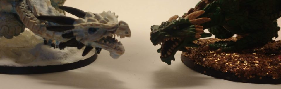 Two Marthrangul the Great Dragon miniatures from Reaper Bones facing off
